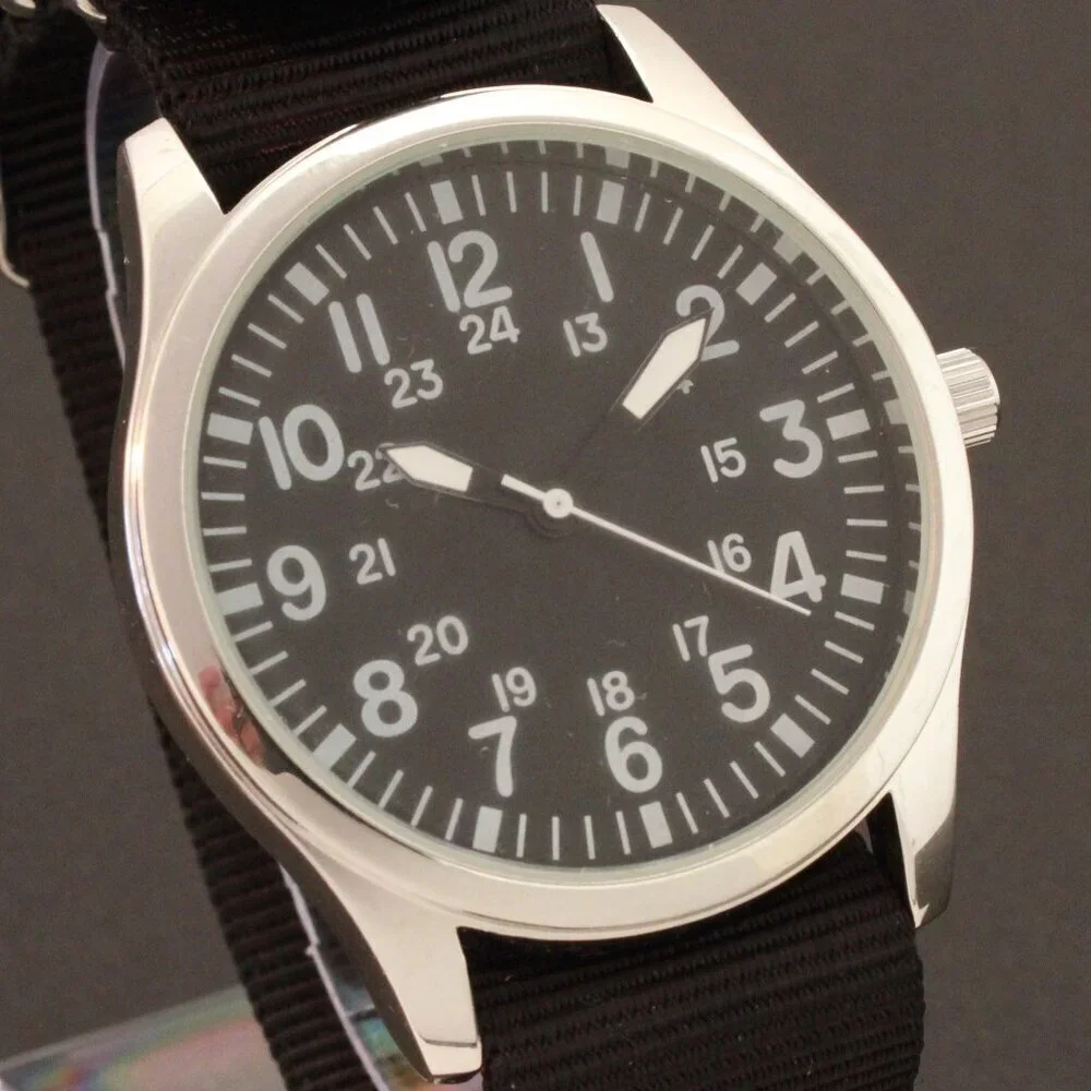 Men's Quartz Field Watch Silver Tone Case Black Military Strap 42mm